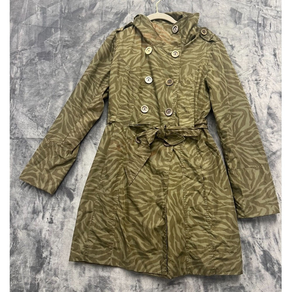 Guess Trench Coat Womens Large Olive Green Zebra Lined Tie Waist Double Breasted